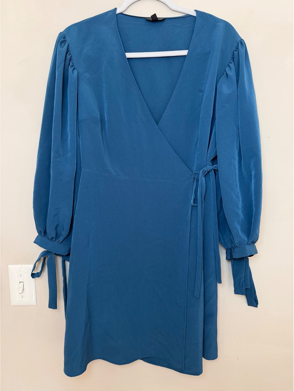 Topshop Blue Wrap Mini Dress with Long Sleeves and Tie Detail, Size US 8